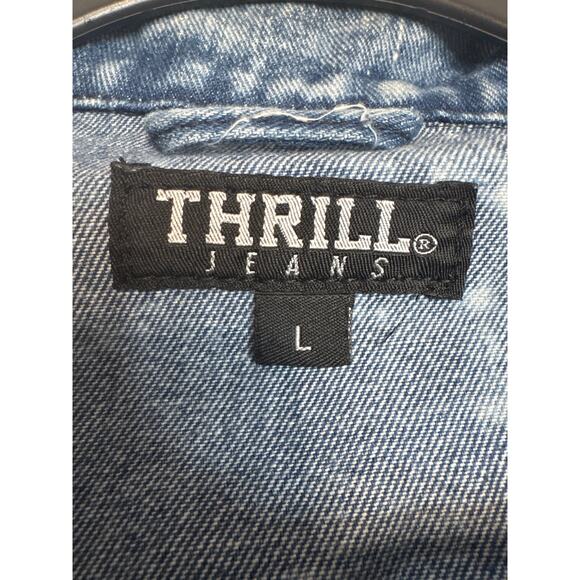 Thrill Jeans Denim Jacket Women's L Acid Wash Fringe Ripped Y2K Jean Distressed - Picture 3 of 7